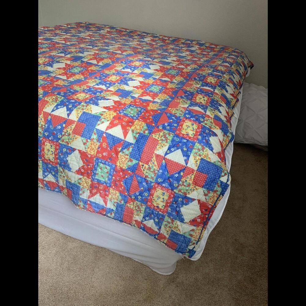Vtg Large Very Loved And Used Patchwork Quilt 95”x82” Faded And Worn